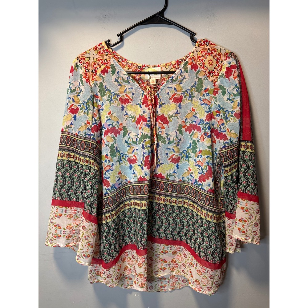 Fig and Flower Floral Patchwork Bell Sleeve Tie Neck Blouse Small Multi Color
